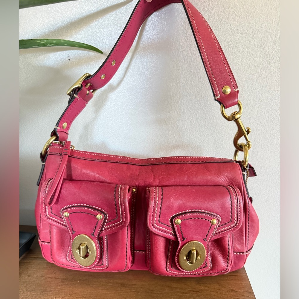 Coach Pink Leather Shoulder Bag with Gold Hardware